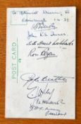 1939 Prince Alex Obolensky-signed rugby Sevens related postcard, rugby fixture card: signed by