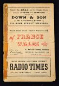 1952 Wales (9) v France (5) rugby programme: played at St Helens Swansea on Saturday 27th March