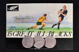 New Zealand All Blacks Rugby Medal Collection: titled "15 Great All Blacks Medal Collection" in