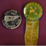 2x early and rare 1937 New Zealand All Blacks rugby tour to South Africa pin badges: one for South