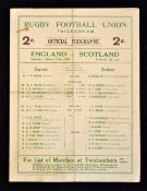 1928 England v Scotland rugby programme: large single folded sheet played at Twickenham on