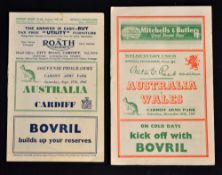 1947 Wales and Cardiff v Australia Rugby Programmes (2): pair of desirable issues from the Cardiff