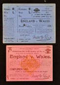 2x 1920's Wales v England rugby match tickets: both played at Cardiff Arms Park on 21st January 1922