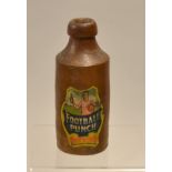 Rugby Ceramic Bottle: Vic Denby Pottery Patent glazed earthenware bottle with coloured label