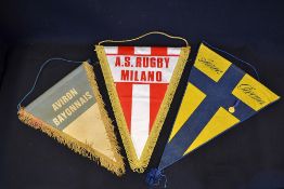 3x Interesting Rugby/Football pennants: to incl A.S. Rugby Milano 14.5" x 11.5" (max); Aurea Parma