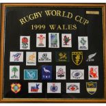 1999 Rugby World Cup Embroidered display: attractive display with gold embroidered title "Rugby