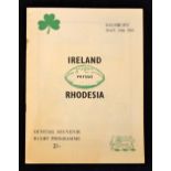 1961 Rhodesia v Ireland rugby programme: played at Salisbury on 24th May some slight