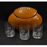 Rugby Ball ice bucket and 3x Scotland RFU whiskey tumblers: comprising brown resin rugby ball c/w