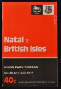 1974 British Lions v Natal rugby programme - played at Durban on 20 July Lions winning 34-6 - 24
