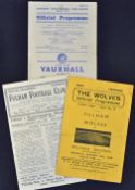 1945/1946 War League, Wolverhampton Wanderers v Fulham football programme home & away, Coventry City