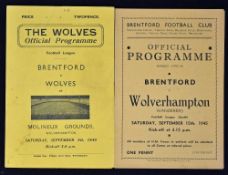 1945/1946 Wolverhampton Wanderers v Brentford football programmes - home & away programmes, fair-