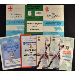 England and Regional rugby match programmes v Argentina from the 1970's onwards (7): to incl 3x 1978