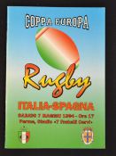 1994 Italy v Spain rugby programme: played in Parma in "Coppa Europa" 2year cycle of second tier