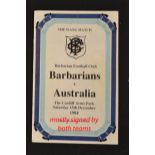 1984 Barbarians v Australia signed rugby programme: for the clash played at Cardiff Arms Park won by