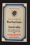 1984 Barbarians v Australia signed rugby programme: for the clash played at Cardiff Arms Park won by