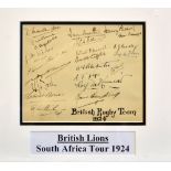 1924 British Lions Rugby Tour to South Africa autographs: a rare sheet clearly and neatly signed