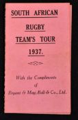 1937 South African rugby tour to New Zealand fixture card - small neat single folded pink card