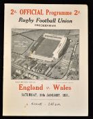 1931 England v Wales (Champions) rugby programme: pictorial Twickenham single folded card played