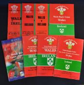 Wales v Ireland Rugby Programmes from 1970's onwards (8): to incl 1971, 1977, 1979, 1983, 1987,