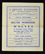 1946/1947 Bolton Wanderers v Wolverhampton Wanderers match programme slight crease.