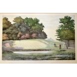 Pair of golf course coloured lithograph prints - signed ltd editions one titled "Chipping" and the