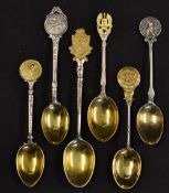 6x interesting decorative Golf Club silver and gilt teaspoons to incl Ross golf Club, Tunbridge