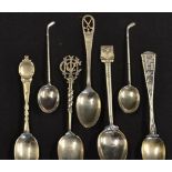 7x assorted golf club silver teaspoons - all with interesting stems and finials, monograms golf club