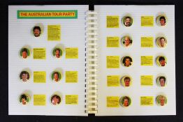 The Australian Cricket Tour 1989 Pin Badge set housing in white folder with annotated layout.