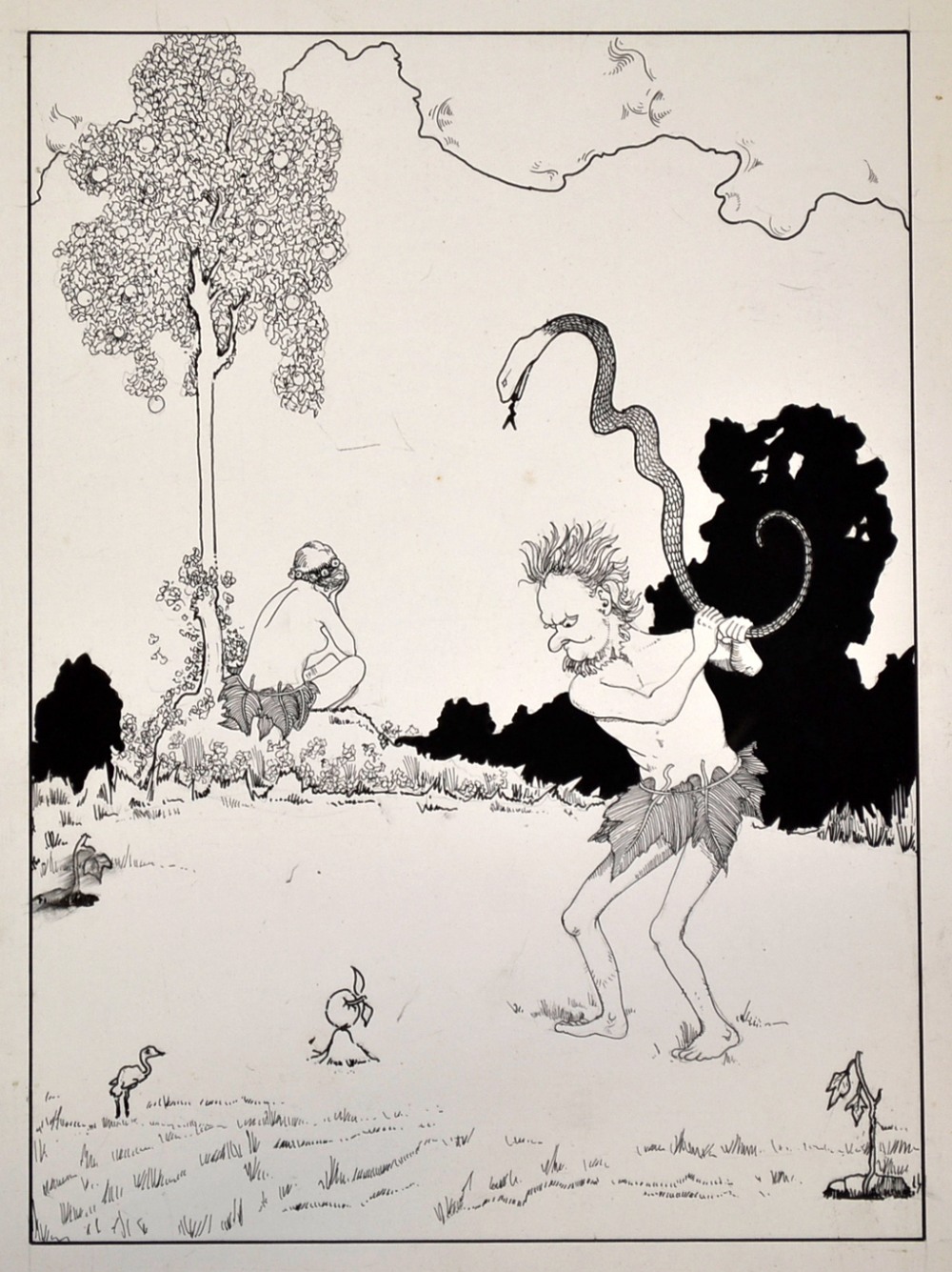 Beardsley, Aubrey (after/in the style of) ADAM AND EVE GOLFING SCENE - original ink drawing on