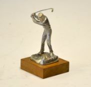 Modern small silver golfing figure - mounted on a wooden square base engraved "The Golfer No 437/