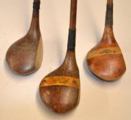 3x various golf woods to incl J H Taylor inlaid striped topped driver, Hugh Dewar Troon strip topped