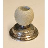 1910 Silver and ceramic golf ball match stick holder - fitted with bramble pattern ceramic golf ball