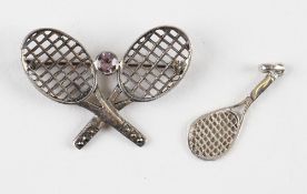 Silver Crossed Tennis Rackets Brooch with jewelled ball to centre and further balls inlaid to