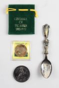 1882 - 1982 Ashes Cricket Commemorative items including white metal spoon and two white metal
