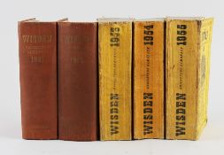 Wisden Cricketers' Almanacks 1951-1955 - 1951 and 1951 hardback, 1953 to 1955 cloth covers, some