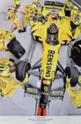 1998 Hungarian Grand Prix 'Team Work' Signed Colour Print signed by the artist Russel Jackson, ltd