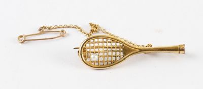 Gold Plated Tennis Racket and Pearl Ball Brooch measures 3.5cm approx. with pin to reverse and