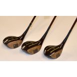 Matching set of 3x exquisite Walter Hagen Tom-Boy brown coated steel shaft woods - driver, brass and