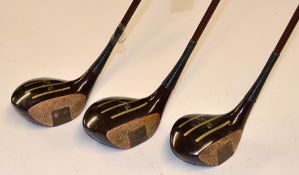 Matching set of 3x exquisite Walter Hagen Tom-Boy brown coated steel shaft woods - driver, brass and