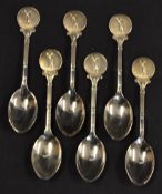 6 matching silver golfing teaspoons-each with embossed finials featuring lady golfer - wt 3oz