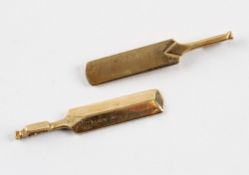 Two Hallmarked 9ct Gold Cricket Bat Charms each 34mm long, weight 5g