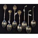 7x various silver golfing tea spoons - 3x with golf club stems incl 2x with engraved heads SGC and