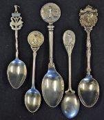 5x silver golf spoons with golfing figures includes Oatlands Park Hotel GC 1929, and four unnamed