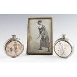 2x Handcrafted Pewter golf and cricket hip flasks - each decorated with Vic and Edwardian cricket