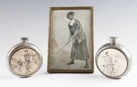 2x Handcrafted Pewter golf and cricket hip flasks - each decorated with Vic and Edwardian cricket