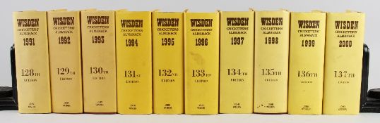 Wisden Cricketers' Almanack 1991-2000 - hardback versions with dust jackets, all generally good