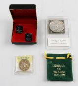 1882 - 1982 Ashes Cricket Commemorative items including two white metal medallions, one with pouch