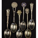 6x interesting early 20th century Golf Club silver and enamel teaspoons to include Wimbledon and