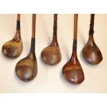 5x assorted woods to incl Spoon with patent raised brass sole insert, J H Taylor Autograph