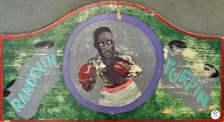 1950s Randolph Turpin Funfair Boxing Booth Display appears hand painted with an image of Turpin to